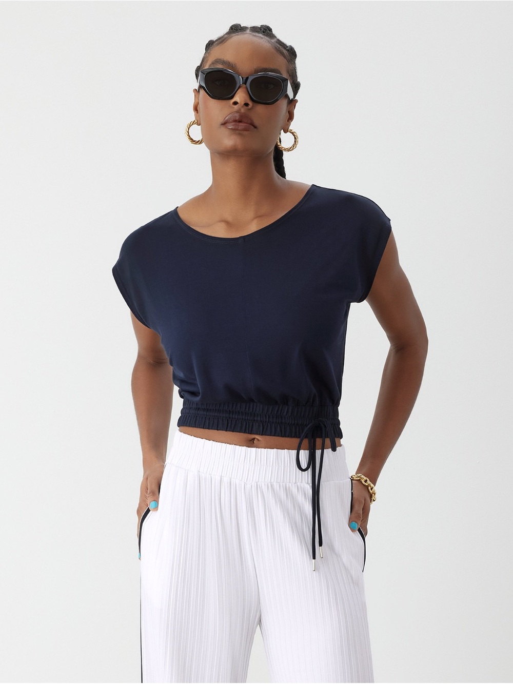 GSTQ Drawstring Crop Top in Midnight Blue Large NWT